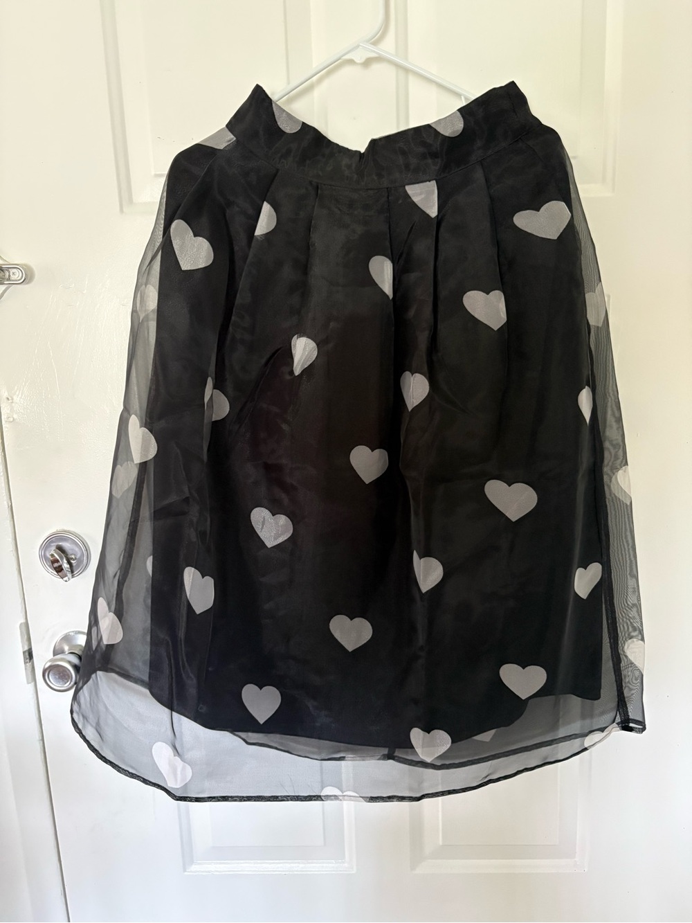 Black Heart-Print Midi Skirt with Sheer Overlay